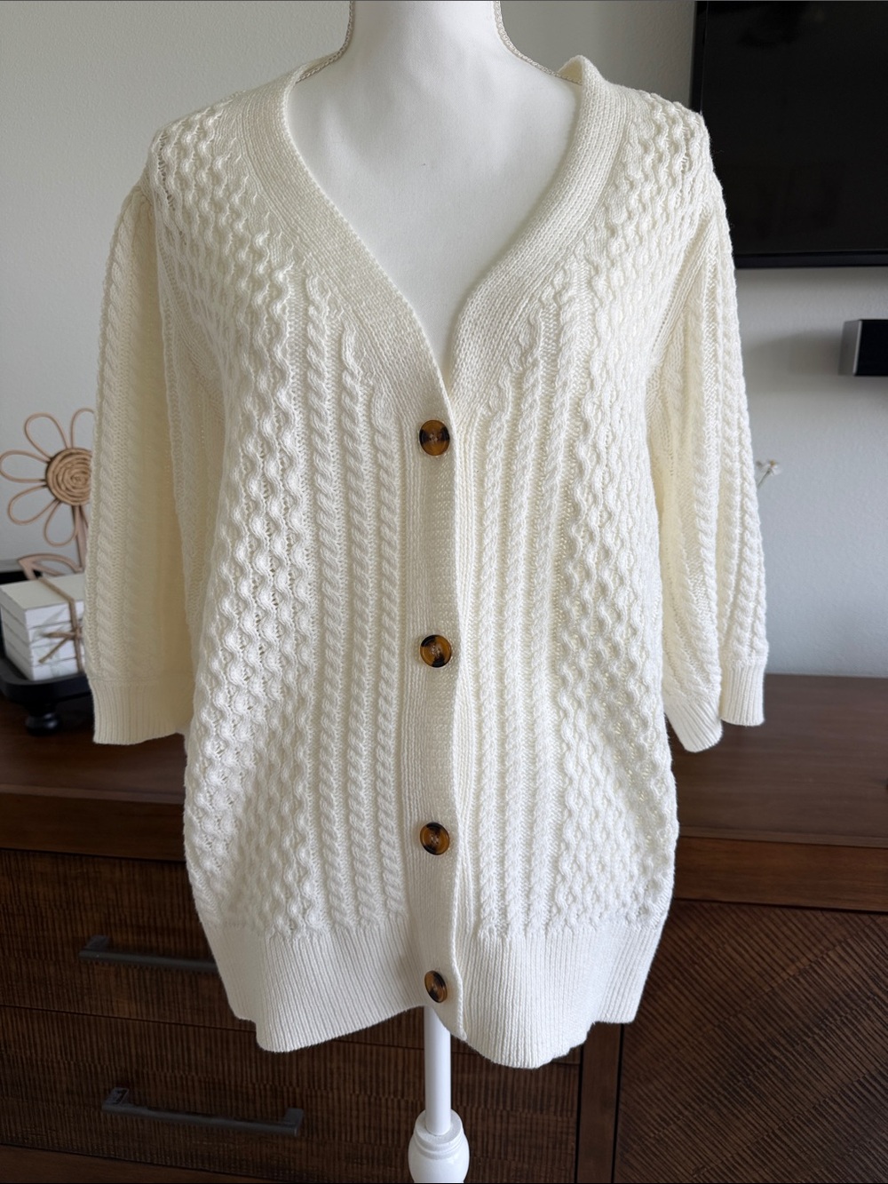 Time and Tru Cream Cable-Knit Button-Front Cardigan